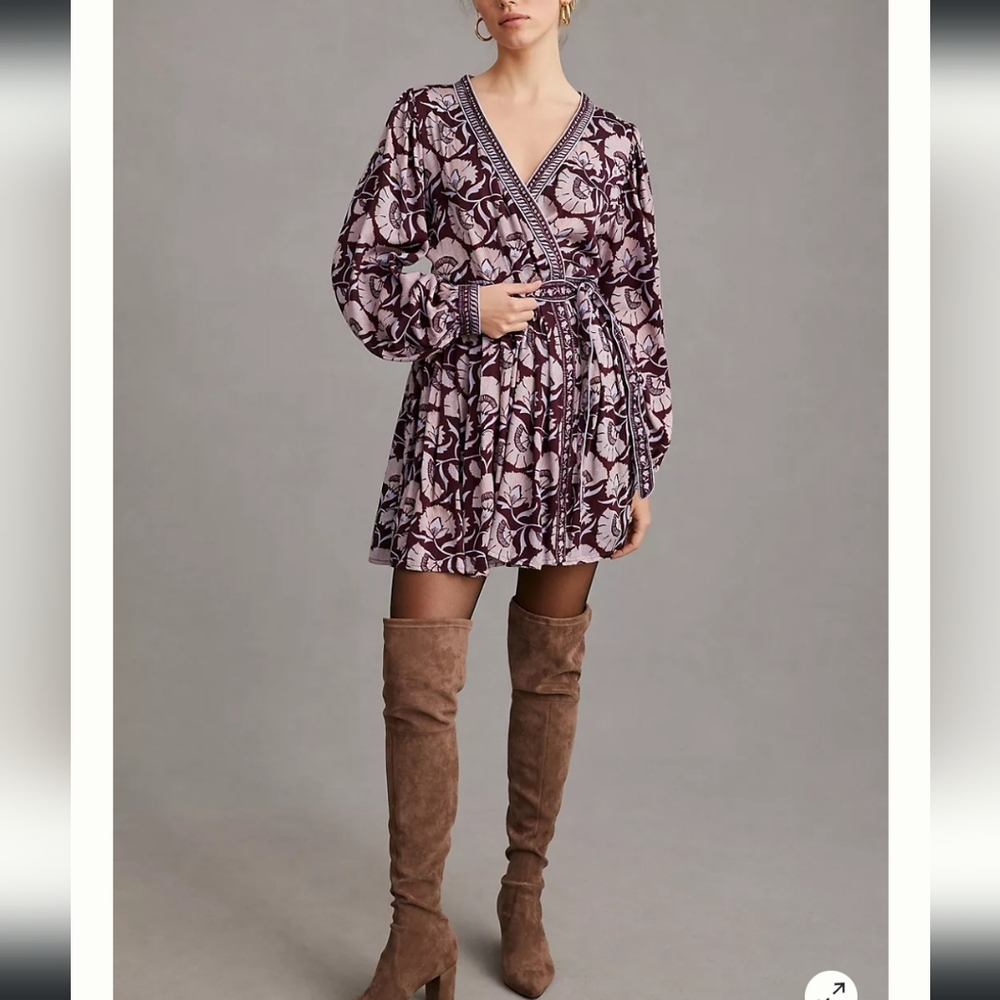 Anthropologie Omika Puff Sleeve Wrap Mini Dress